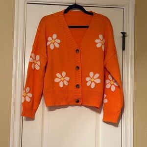 Orange Floral Button-Up Sweater